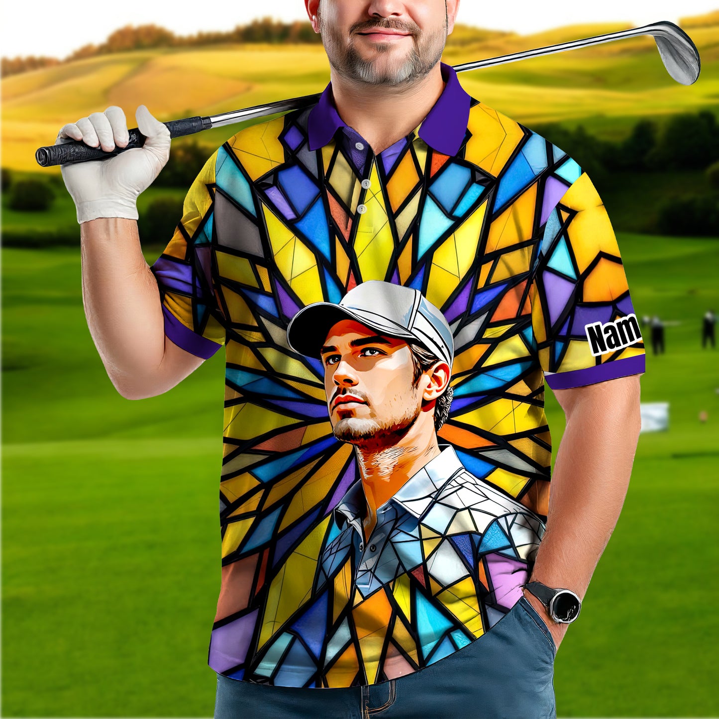 Custom Face Golf Polo Shirt – Personalized Stained Glass Art Shirt, Unique Golf Gift for Him, Colorful Abstract Golf Polo, Custom Sportswear