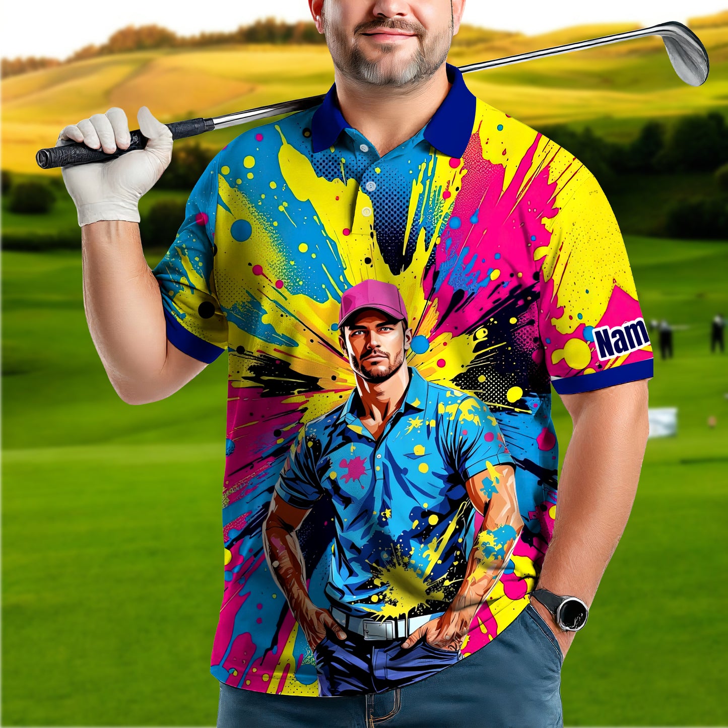 HomyGifts Men's Customized Face Artistic Golf Polo Shirt, Personalized Pop Art Golf Polo, Portrait Gift for Golfers Style 13