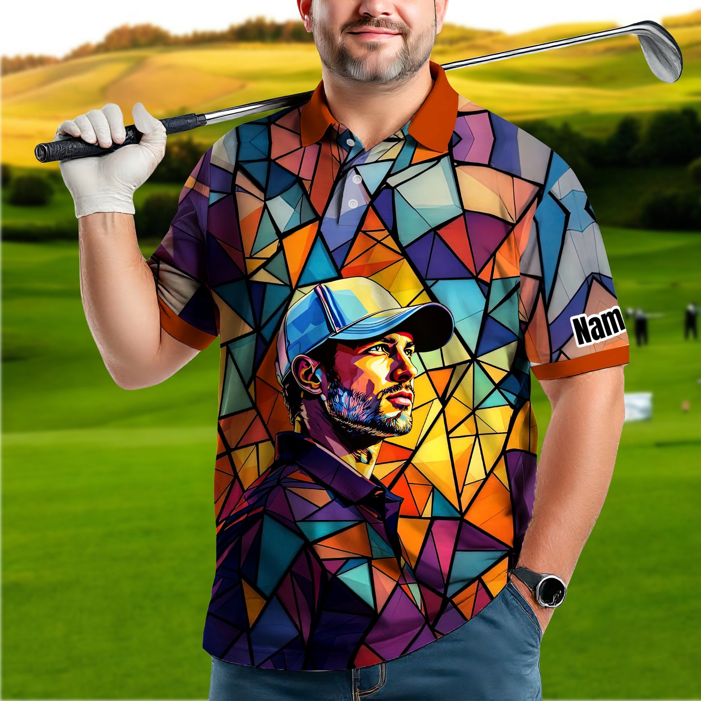 Angular Geometric Glass Pattern Custom Face Polo — Stained-Glass Mosaic Print, Personalized Sublimation Golf Shirt, Vibrant Geometric Portrait Tee