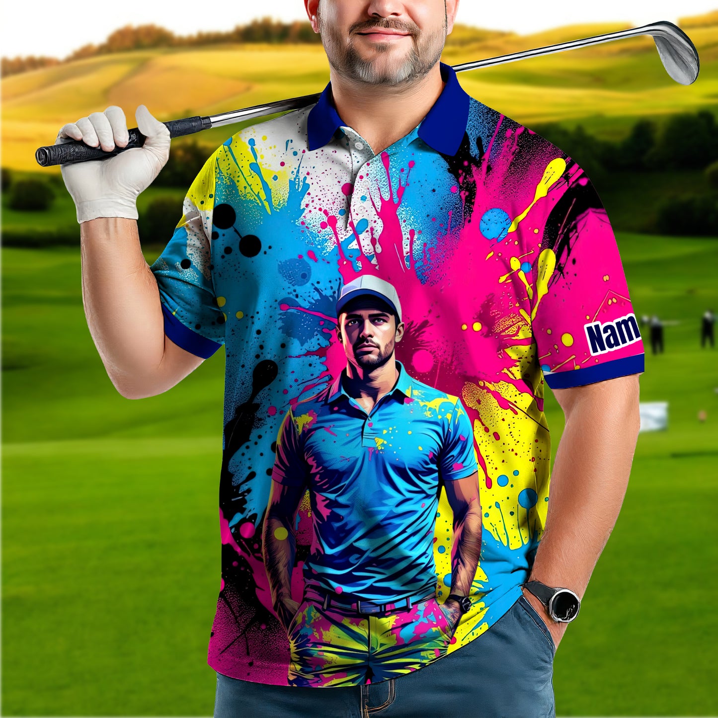 HomyGifts Men's Customized Face Artistic Golf Polo Shirt, Personalized Pop Art Golf Polo, Portrait Gift for Golfers Style 10