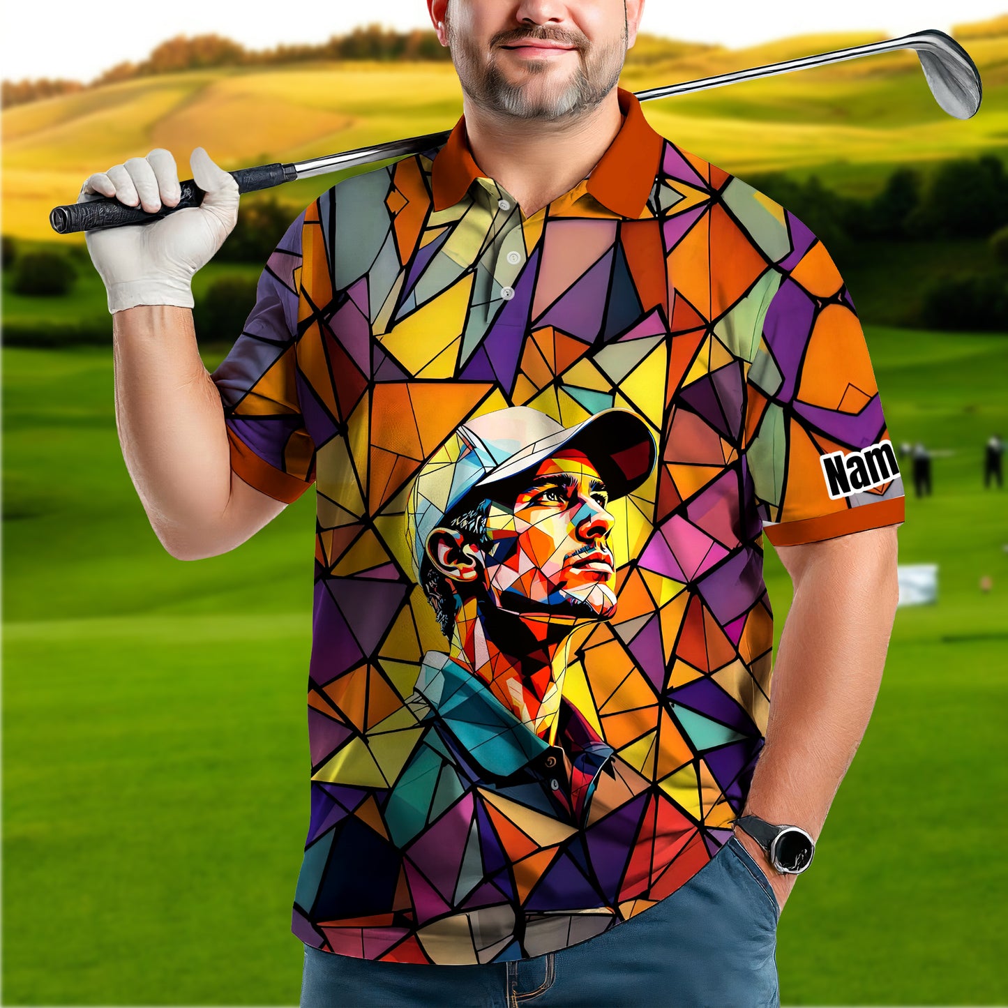 Angular Geometric Glass Pattern Custom Face Polo — Stained-Glass Mosaic Print, Personalized Sublimation Golf Shirt, Vibrant Geometric Portrait Tee