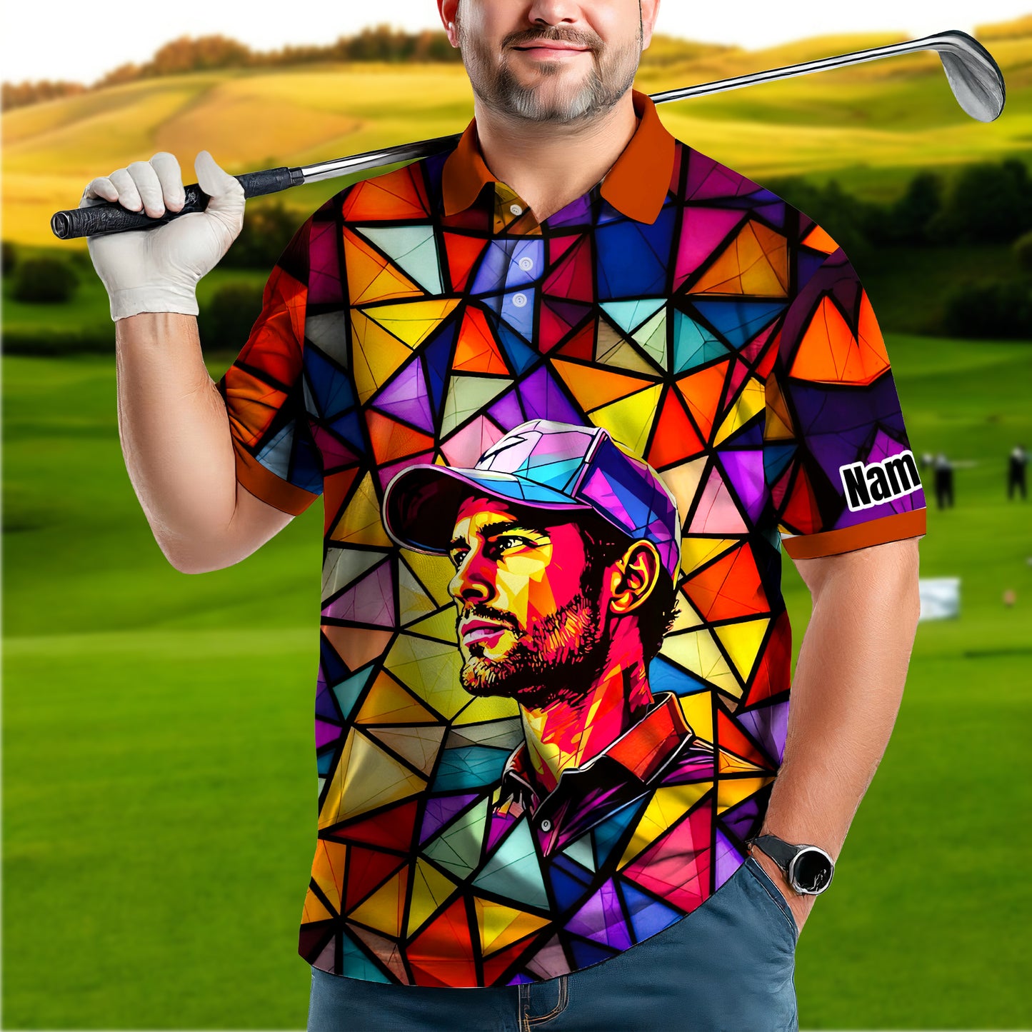 HomyGifts Men's Customized Face Artistic Golf Polo Shirt, Angular Geometric Glass Pattern, Stained-Glass Mosaic Print, Personalized Sublimation Golf Shirt, Vibrant Geometric Portrait Tee