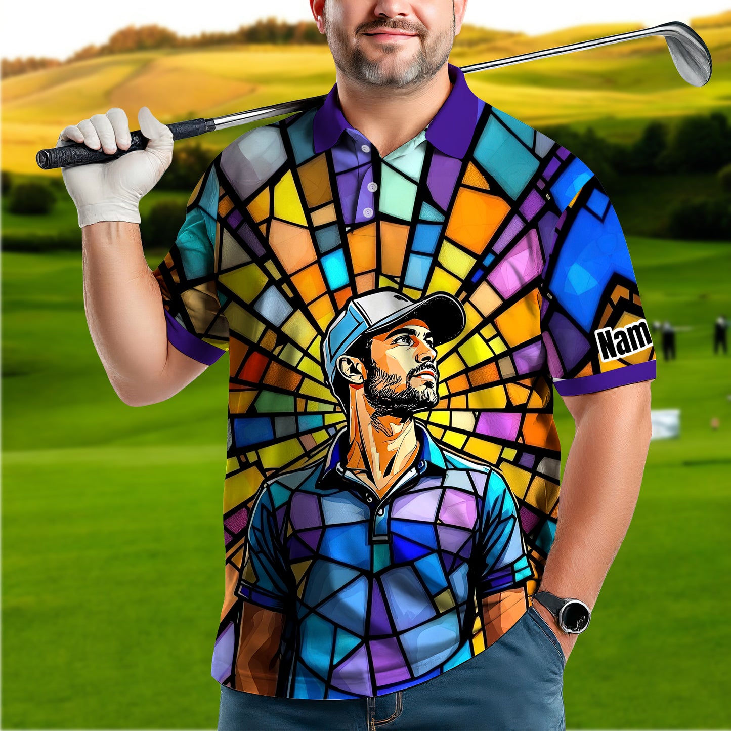 Custom Face Golf Polo Shirt – Personalized Stained Glass Art Shirt, Unique Golf Gift for Him, Colorful Abstract Golf Polo, Custom Sportswear