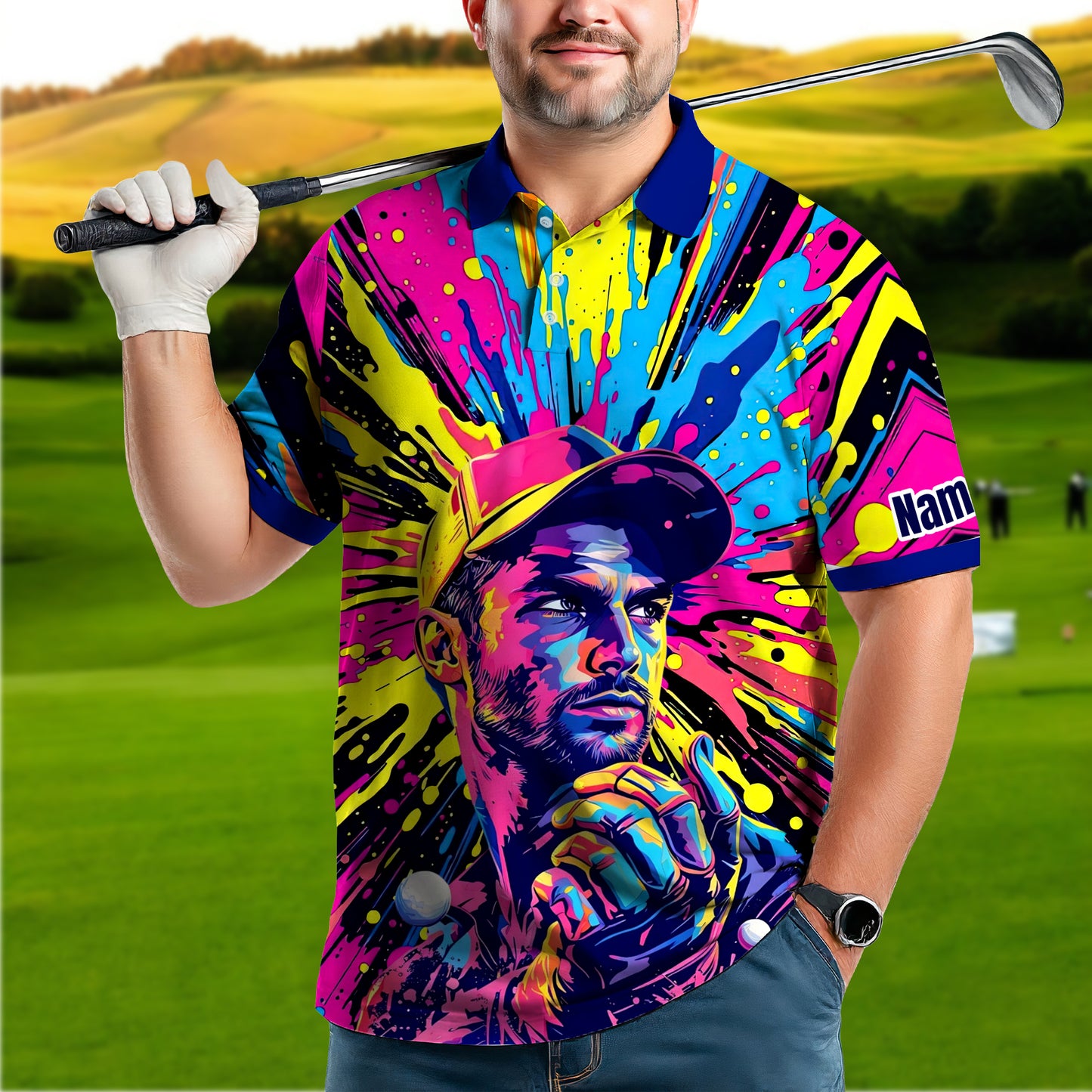 HomyGifts Men's Customized Face Artistic Golf Polo Shirt, Personalized Pop Art Golf Polo, Portrait Gift for Golfers Style 14