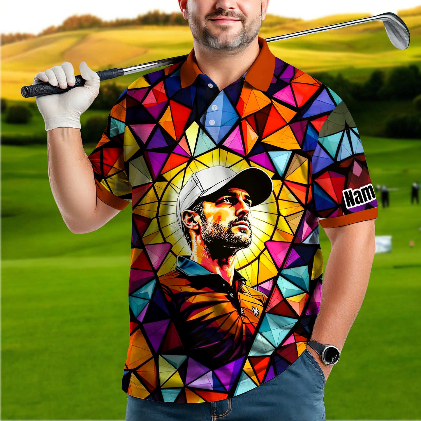HomyGifts Men's Customized Face Artistic Golf Polo Shirt, Angular Geometric Glass Pattern, Stained-Glass Mosaic Print, Personalized Sublimation Golf Shirt, Vibrant Geometric Portrait Tee