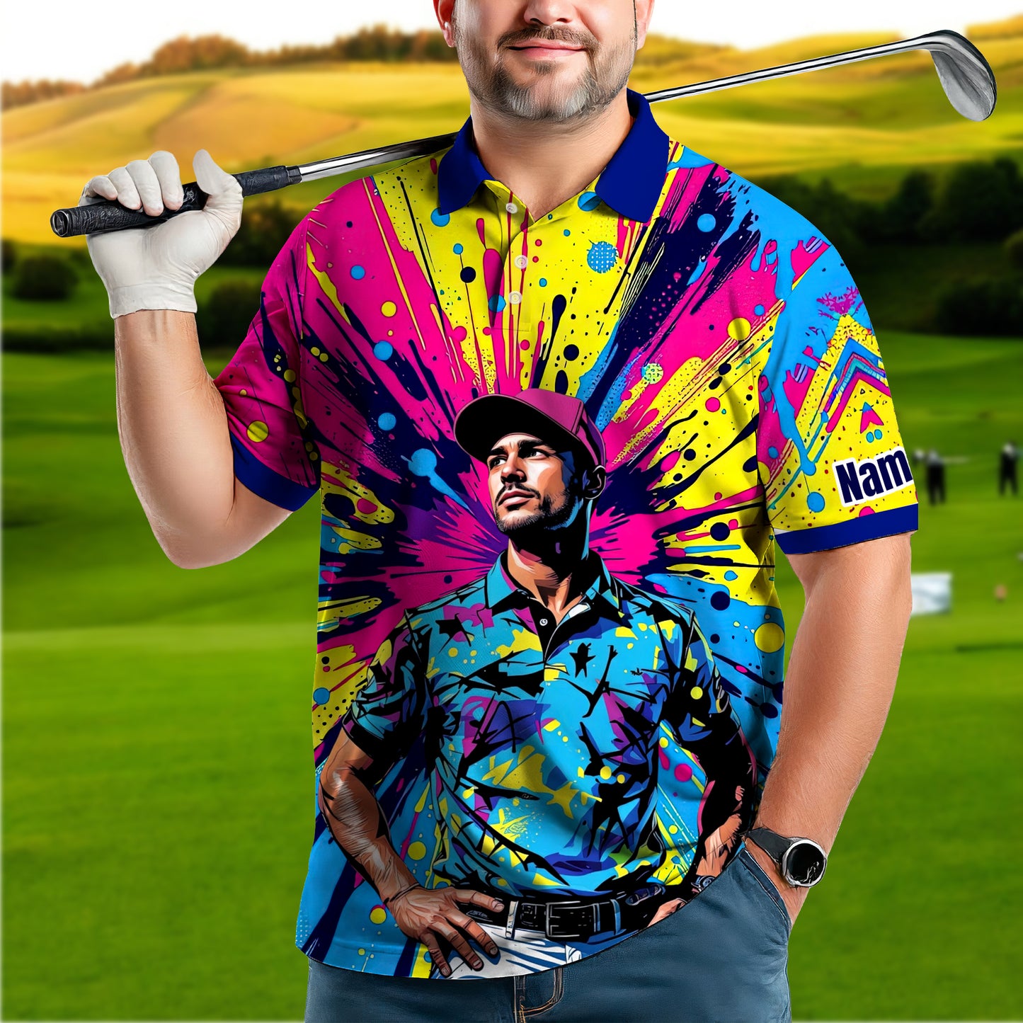 HomyGifts Men's Customized Face Artistic Golf Polo Shirt, Personalized Pop Art Golf Polo, Portrait Gift for Golfers Style 11