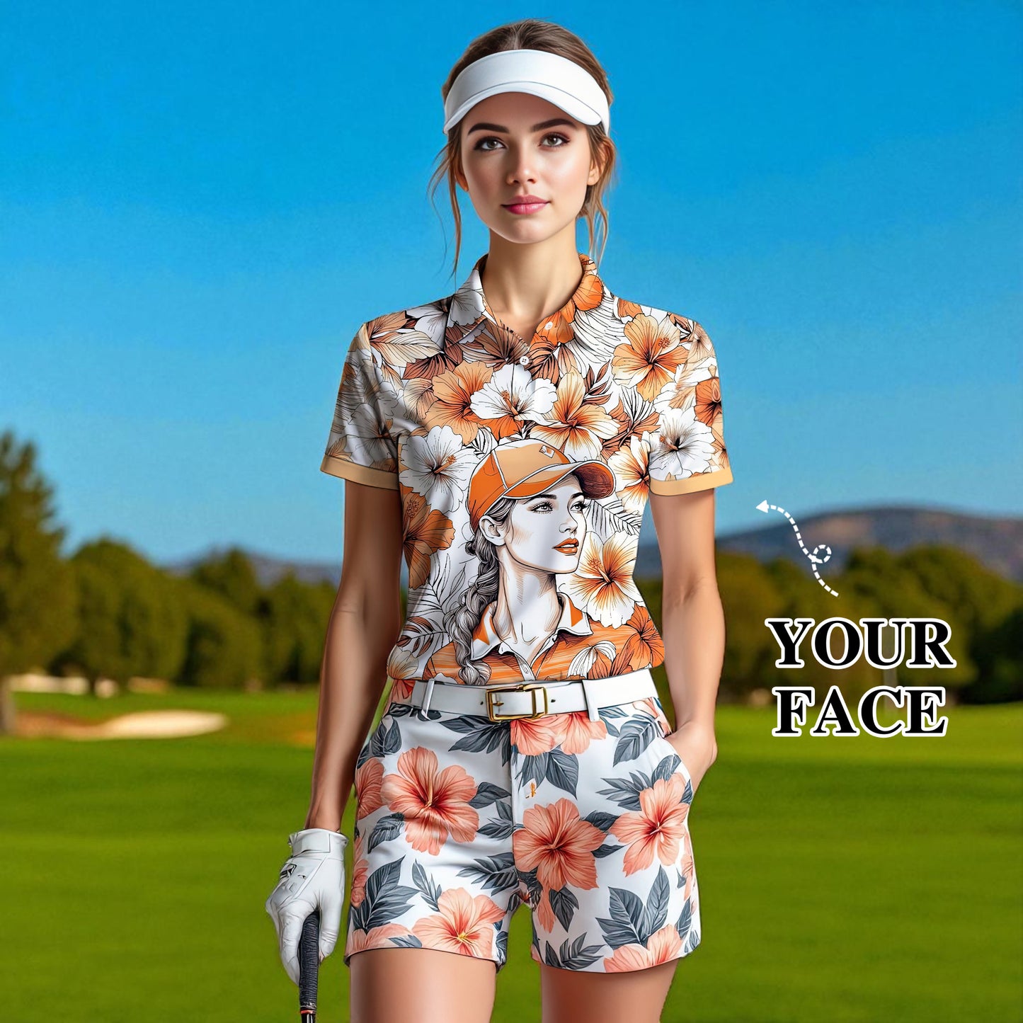 Women’s Custom Face Hibiscus Polo Shirt – Personalized Tropical Floral Polo, Unique Gift for Her, Stylish Custom Golf & Casual Wear Style 8