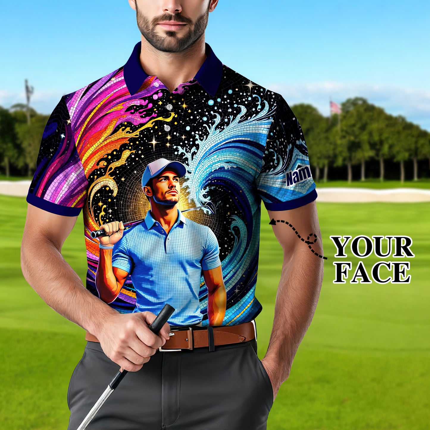 Men's Custom Face Artistic Golf Polo Shirt, Mosaic Art Style, Unique Personalized Golf Polo For Men