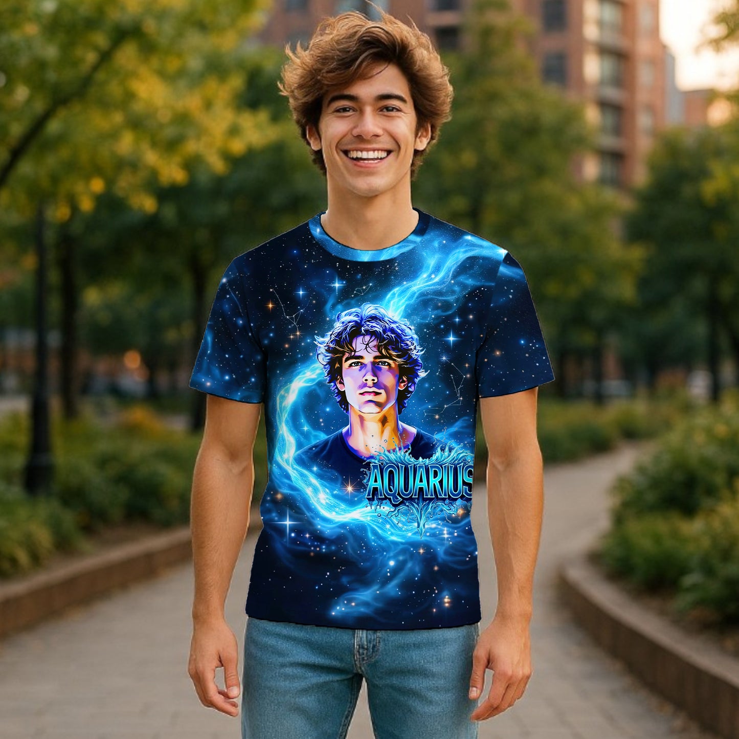 Custom Zodiac Shirt - Surreal Cosmic Art Tee with Your Face | Aquarius | Personalized Horoscope Gift