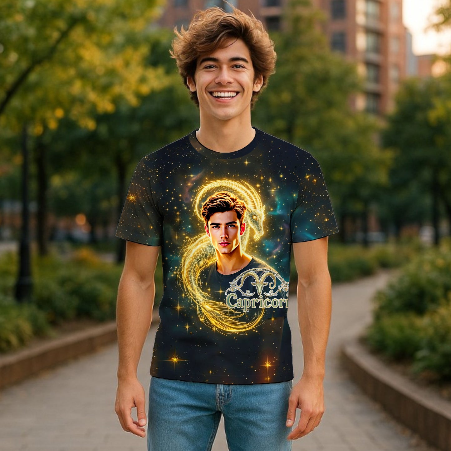 Custom Zodiac Shirt - Surreal Cosmic Art Tee with Your Face | Capricorn | Personalized Horoscope Gift
