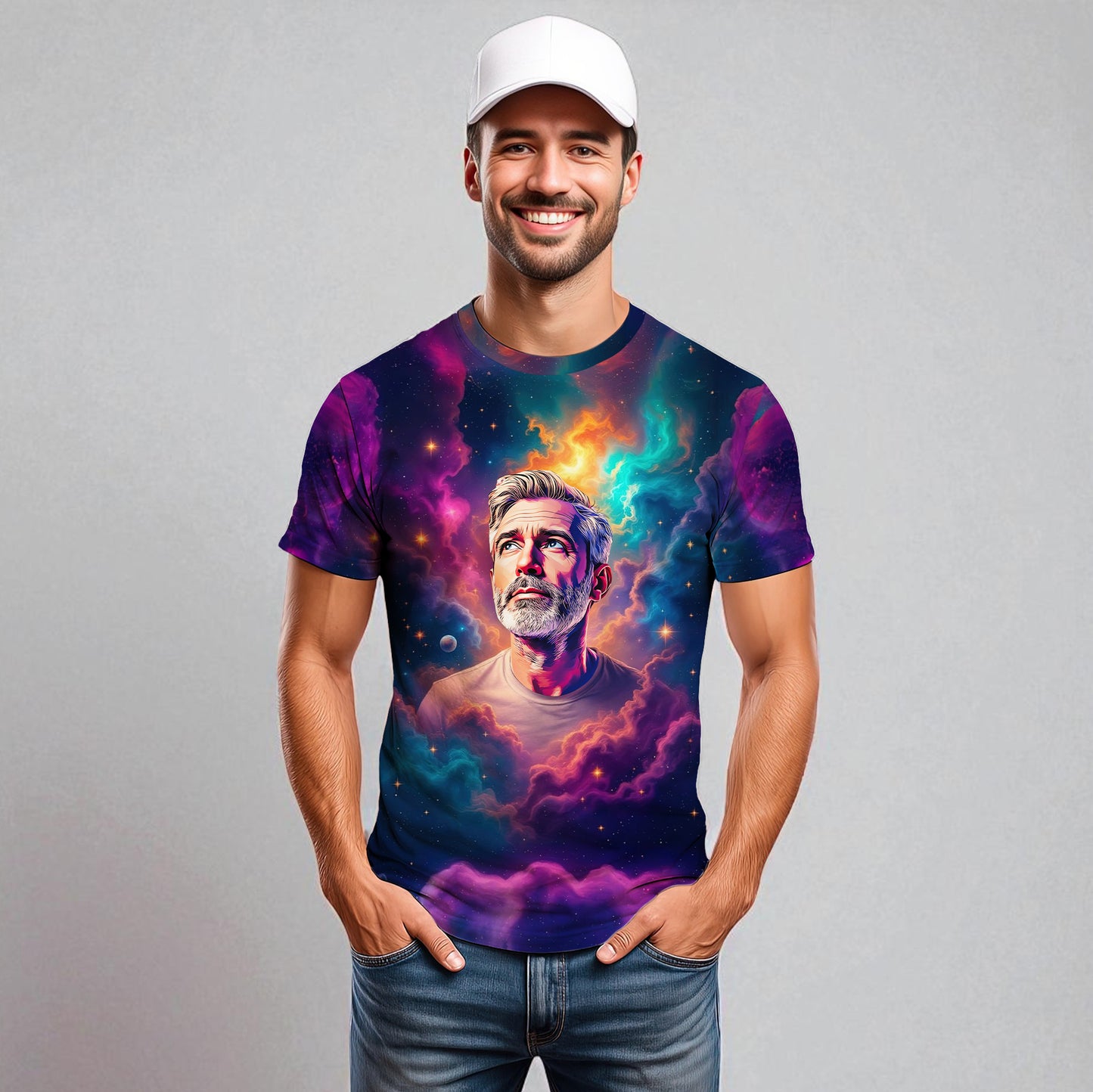 Custom Face Surreal Cosmic Art T-Shirt – Personalized Galaxy Universe Tee with Trippy Sci-Fi Design for Unique Gifts & Style