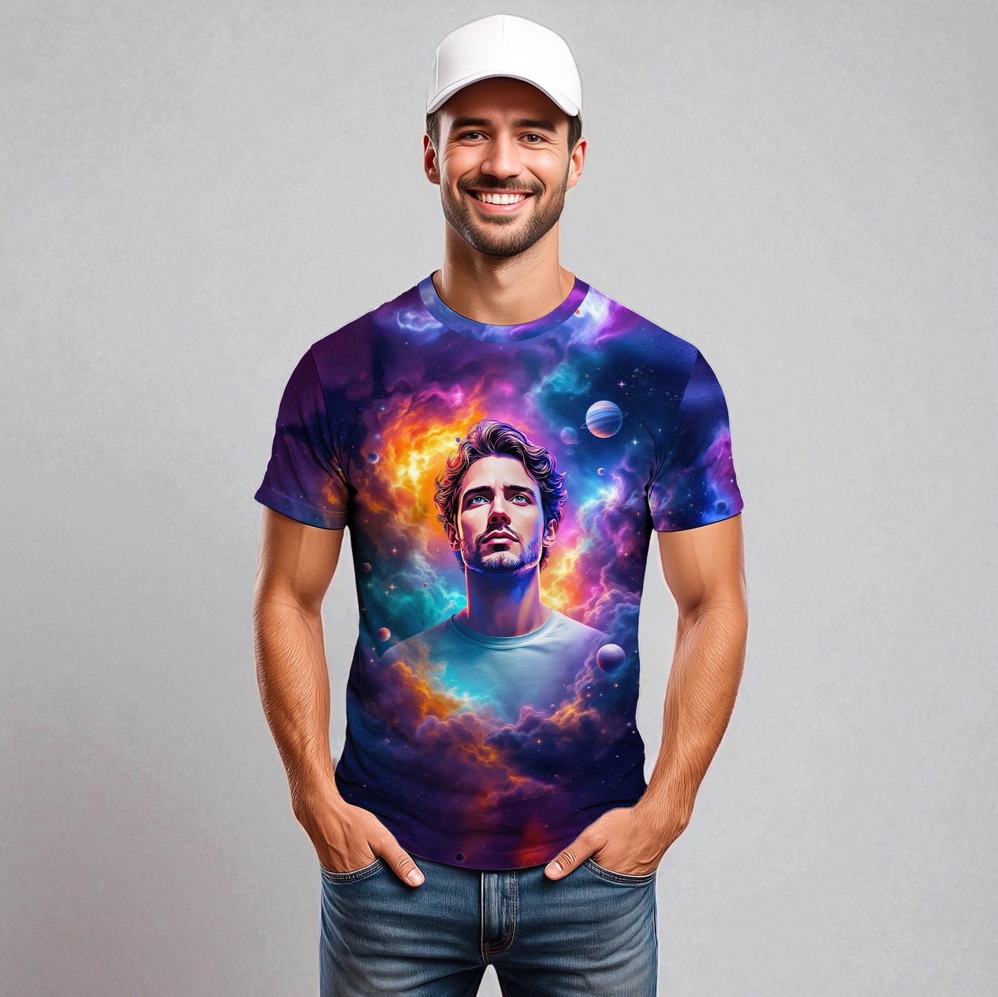 Custom Face Surreal Cosmic Art T-Shirt – Personalized Galaxy Universe Tee with Trippy Sci-Fi Design for Unique Gifts & Style