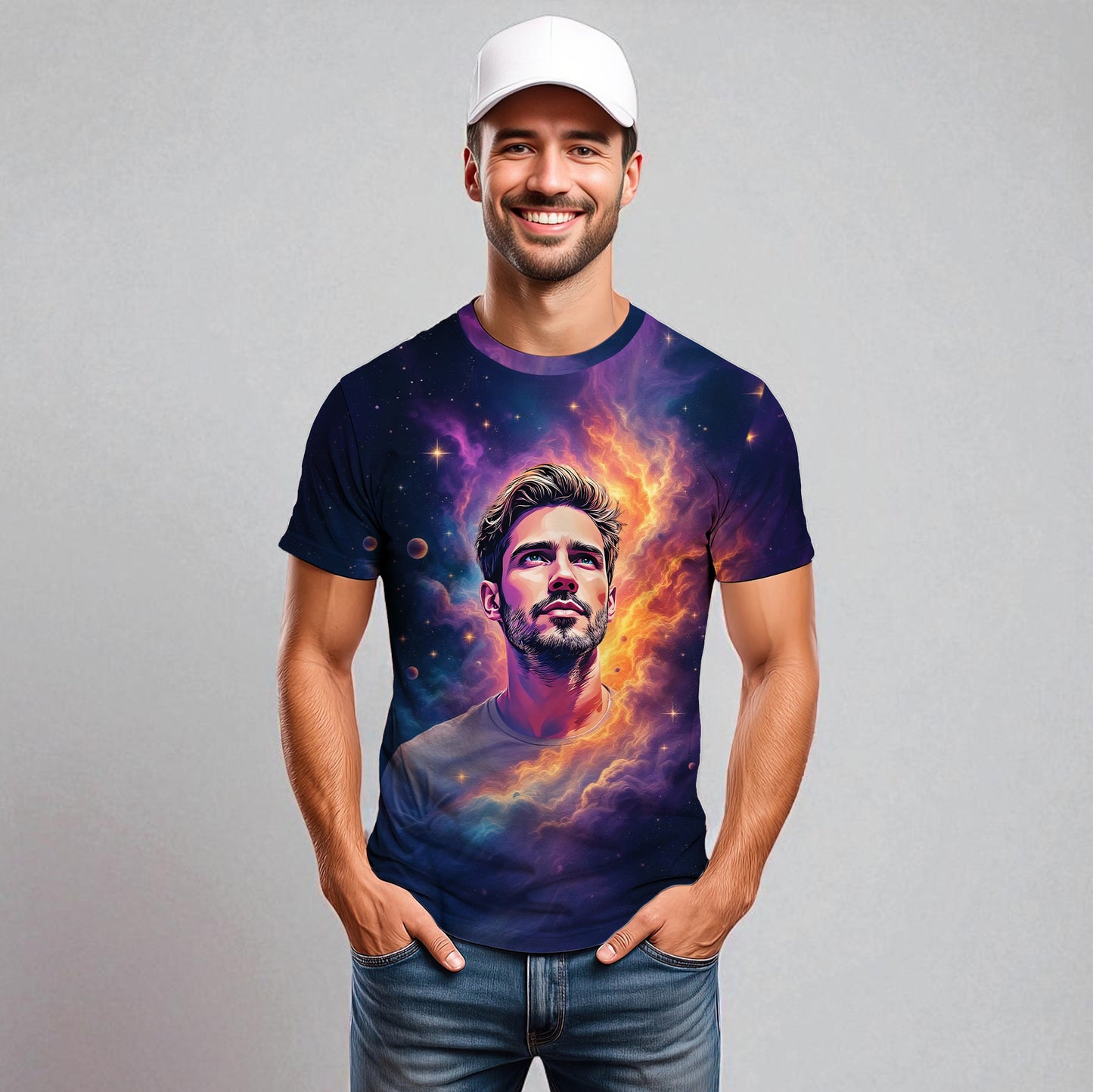 Custom Face Surreal Cosmic Art T-Shirt – Personalized Galaxy Universe Tee with Trippy Sci-Fi Design for Unique Gifts & Style