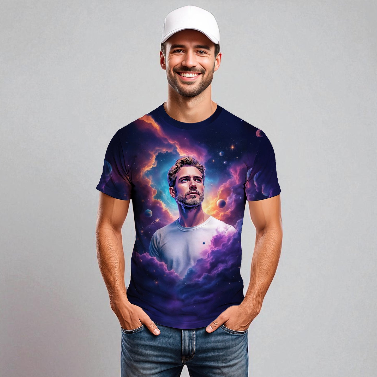 Custom Face Surreal Cosmic Art T-Shirt – Personalized Galaxy Universe Tee with Trippy Sci-Fi Design for Unique Gifts & Style