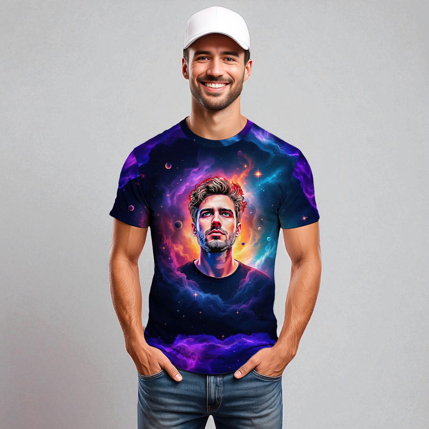 Custom Face Surreal Cosmic Art T-Shirt – Personalized Galaxy Universe Tee with Trippy Sci-Fi Design for Unique Gifts & Style