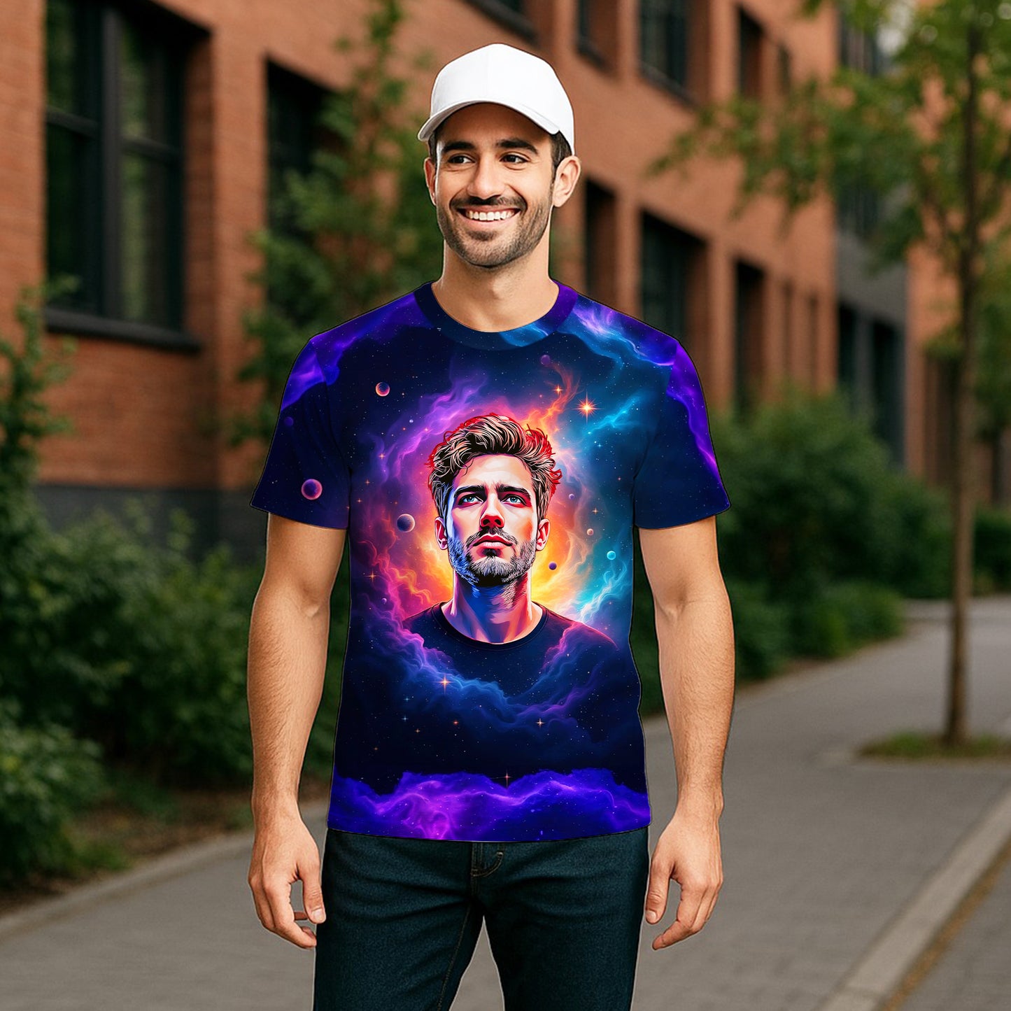 Custom Face Surreal Cosmic Art T-Shirt – Personalized Galaxy Universe Tee with Trippy Sci-Fi Design for Unique Gifts & Style