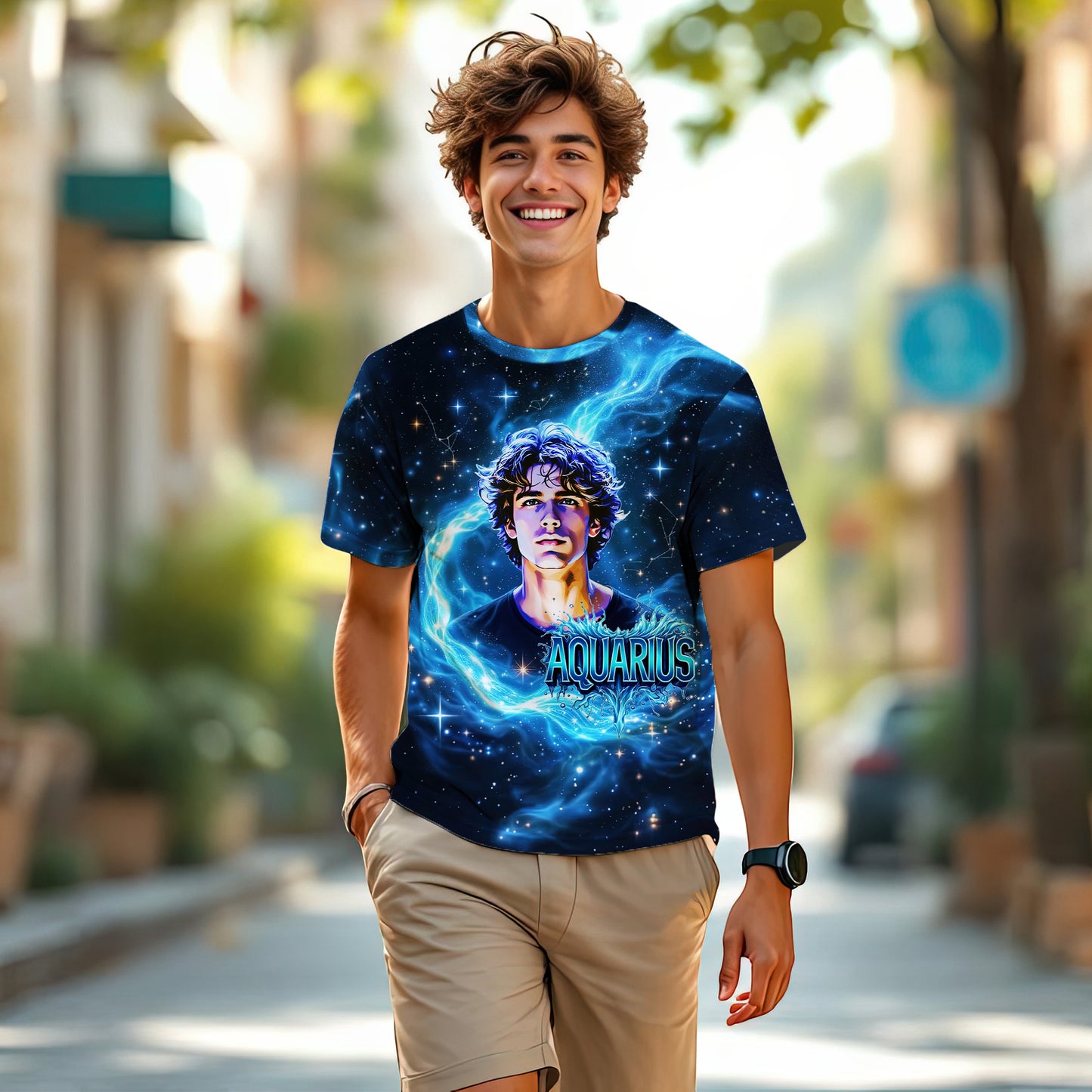 Custom Zodiac Shirt - Surreal Cosmic Art Tee with Your Face | Aquarius | Personalized Horoscope Gift