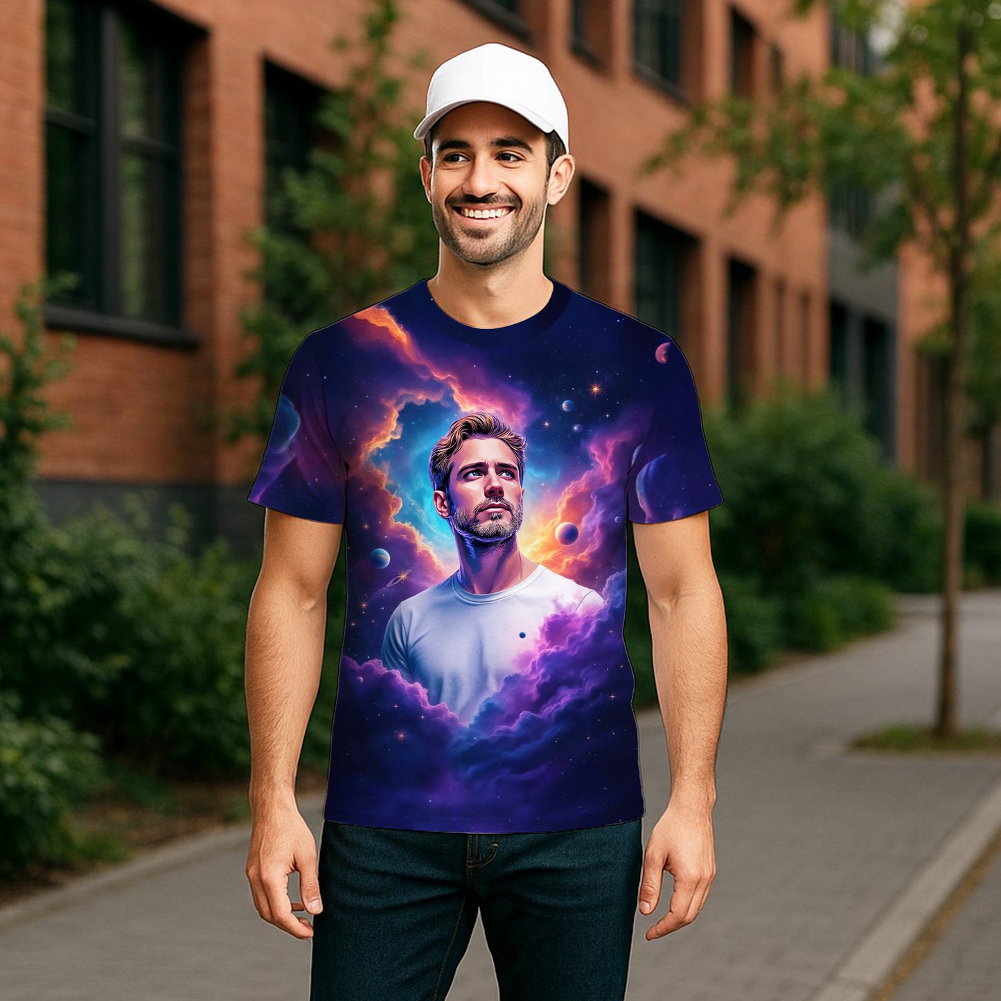 Custom Face Surreal Cosmic Art T-Shirt – Personalized Galaxy Universe Tee with Trippy Sci-Fi Design for Unique Gifts & Style
