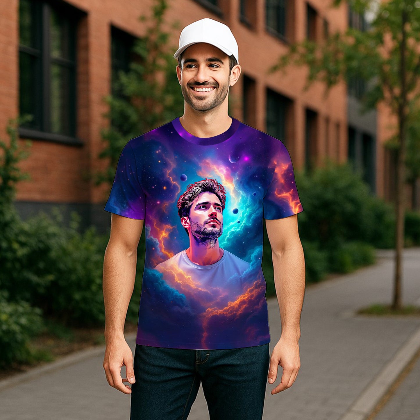 Custom Face Surreal Cosmic Art T-Shirt – Personalized Galaxy Universe Tee with Trippy Sci-Fi Design for Unique Gifts & Style