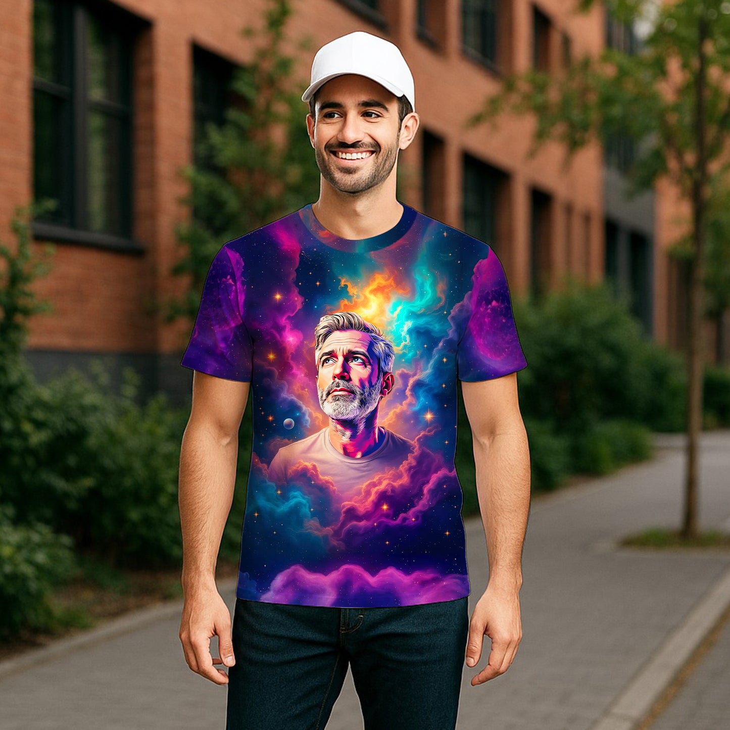 Custom Face Surreal Cosmic Art T-Shirt – Personalized Galaxy Universe Tee with Trippy Sci-Fi Design for Unique Gifts & Style