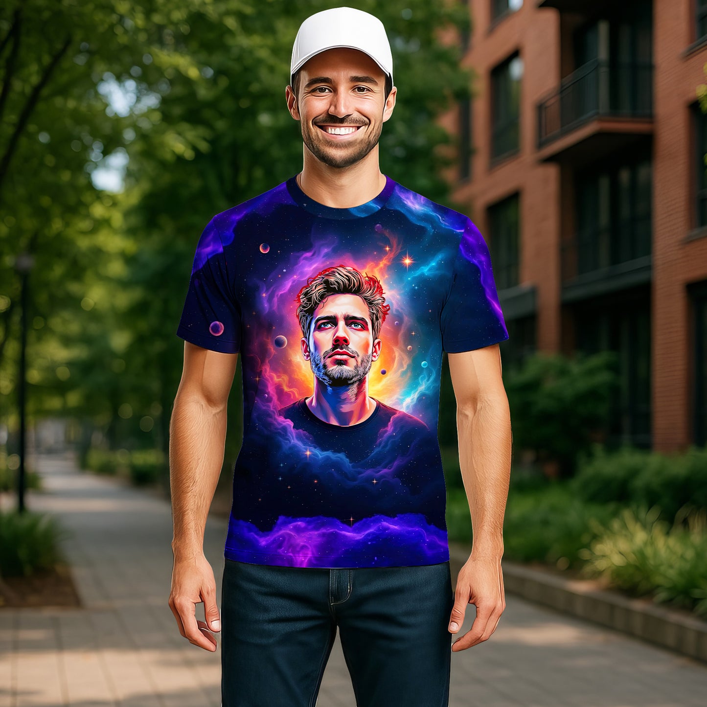Custom Face Surreal Cosmic Art T-Shirt – Personalized Galaxy Universe Tee with Trippy Sci-Fi Design for Unique Gifts & Style