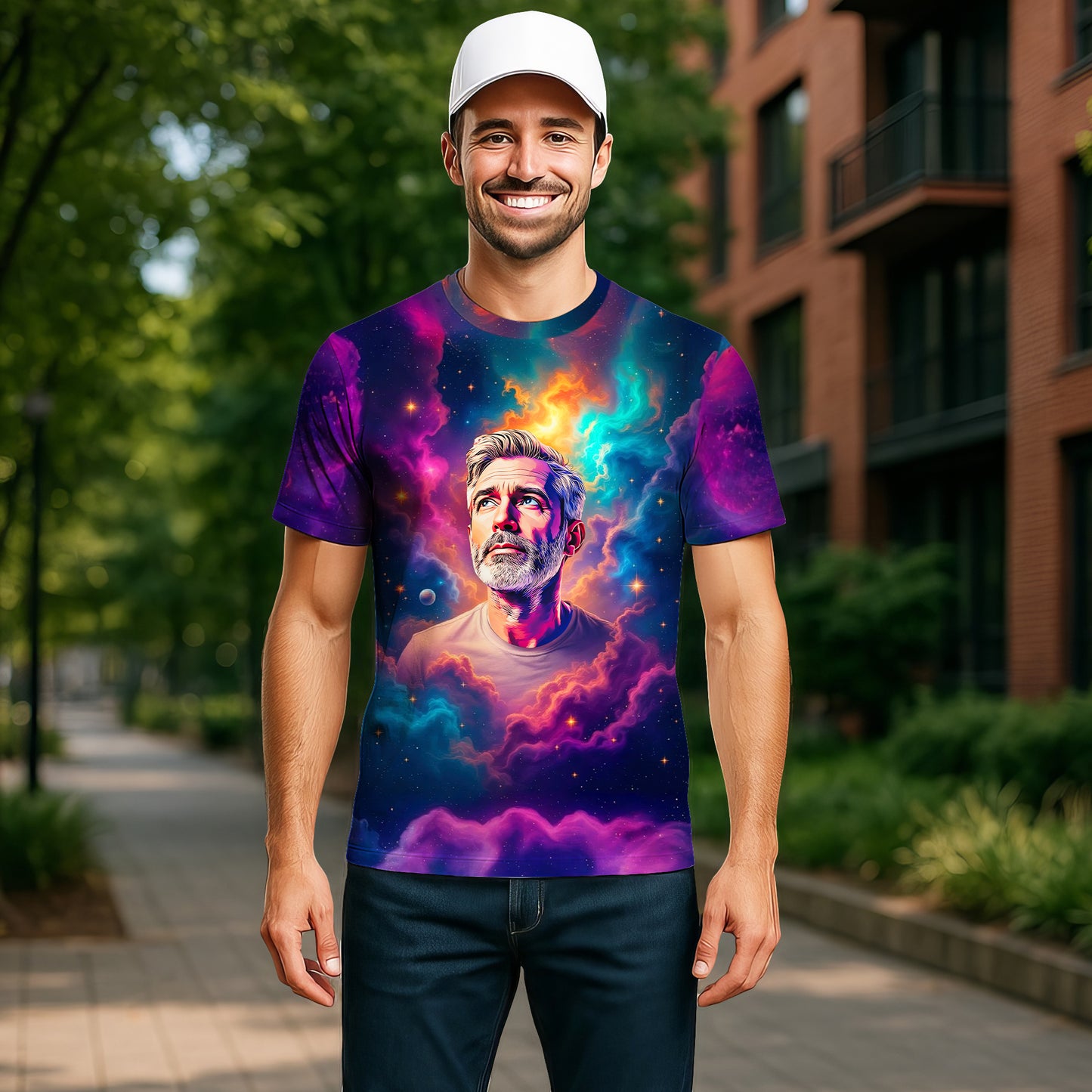 Custom Face Surreal Cosmic Art T-Shirt – Personalized Galaxy Universe Tee with Trippy Sci-Fi Design for Unique Gifts & Style