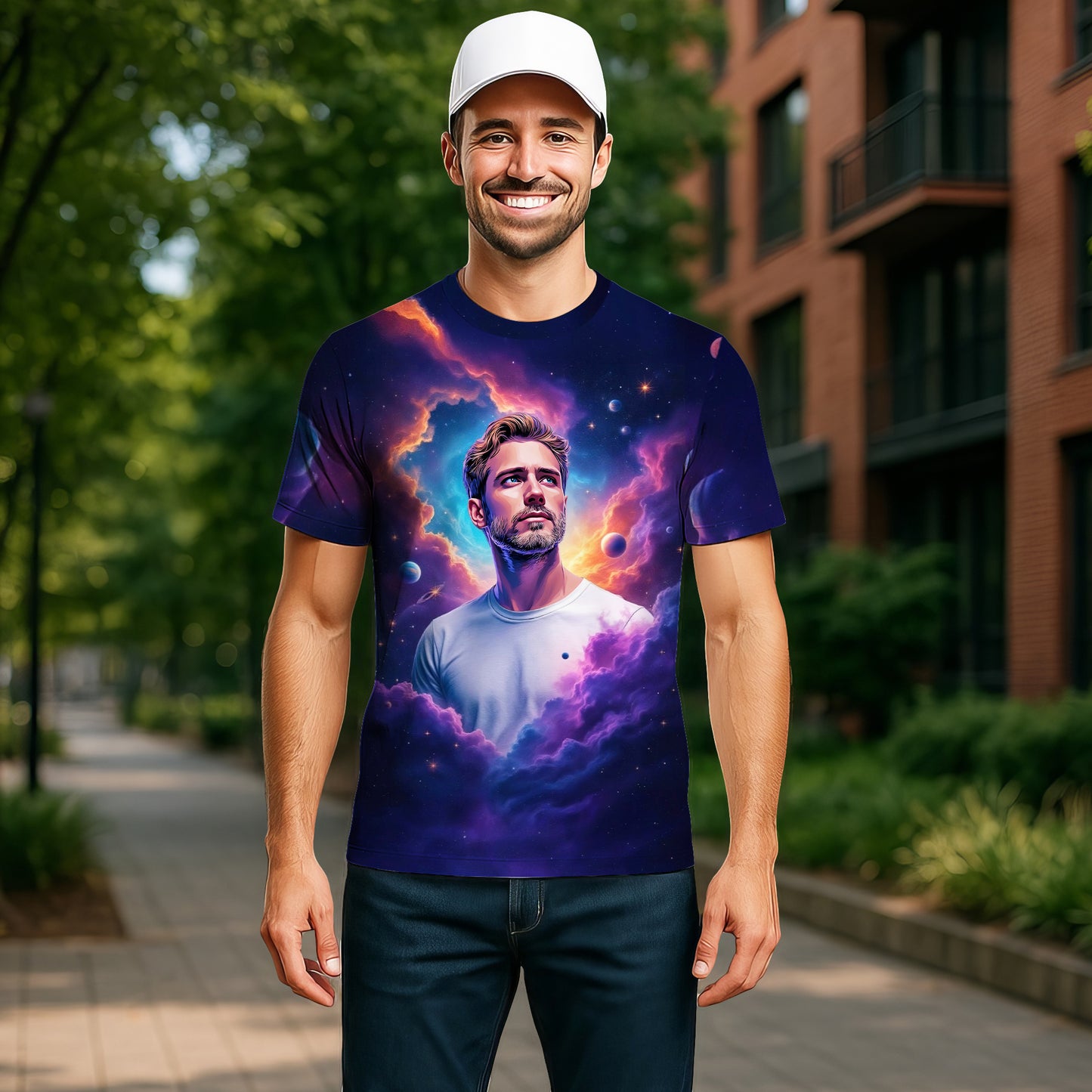 Custom Face Surreal Cosmic Art T-Shirt – Personalized Galaxy Universe Tee with Trippy Sci-Fi Design for Unique Gifts & Style