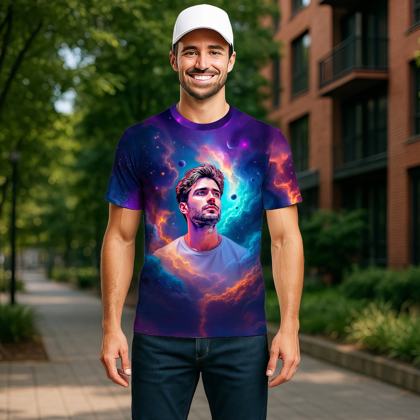 Custom Face Surreal Cosmic Art T-Shirt – Personalized Galaxy Universe Tee with Trippy Sci-Fi Design for Unique Gifts & Style