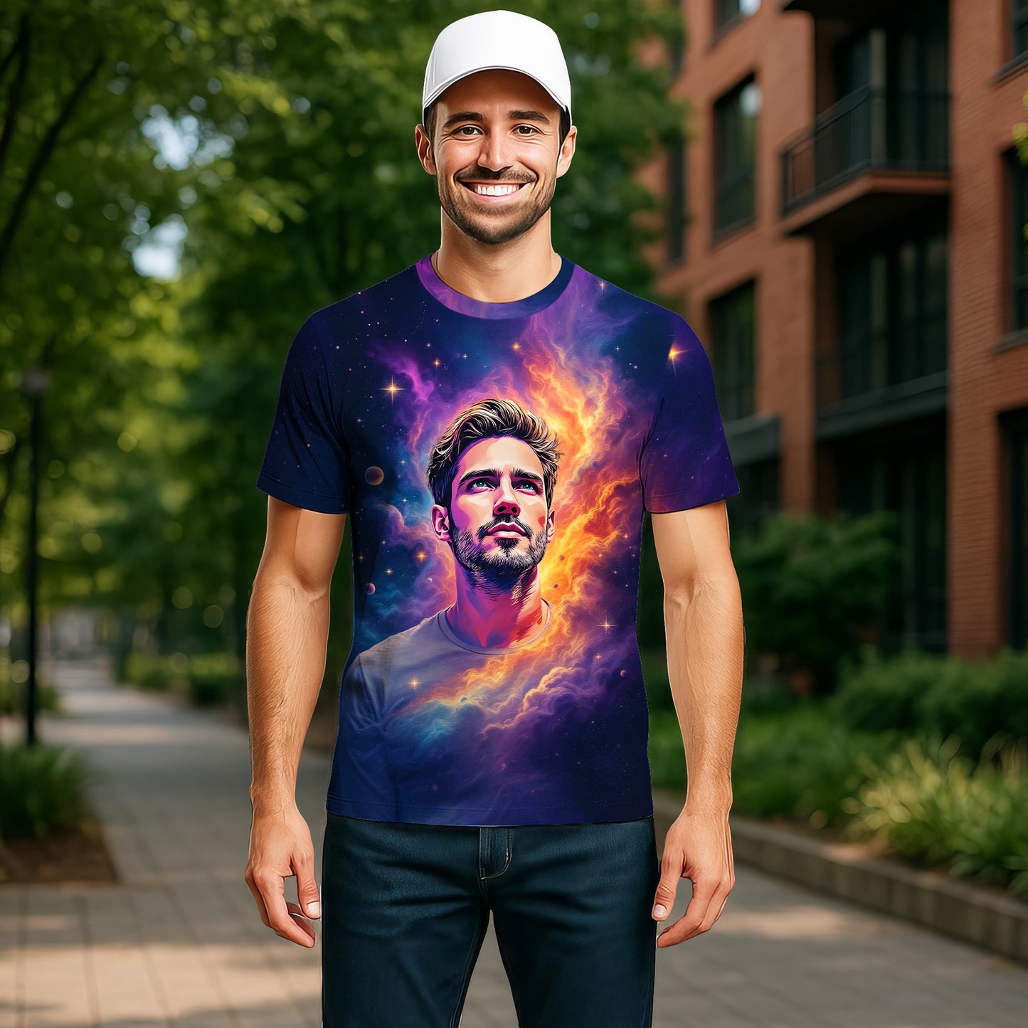 Custom Face Surreal Cosmic Art T-Shirt – Personalized Galaxy Universe Tee with Trippy Sci-Fi Design for Unique Gifts & Style