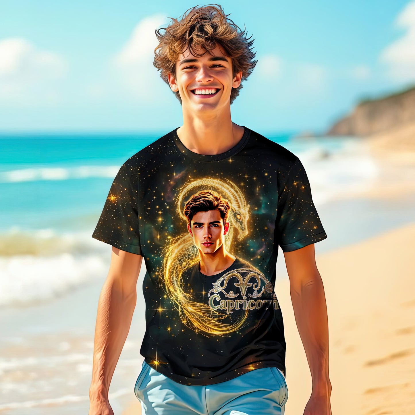 Custom Zodiac Shirt - Surreal Cosmic Art Tee with Your Face | Capricorn | Personalized Horoscope Gift