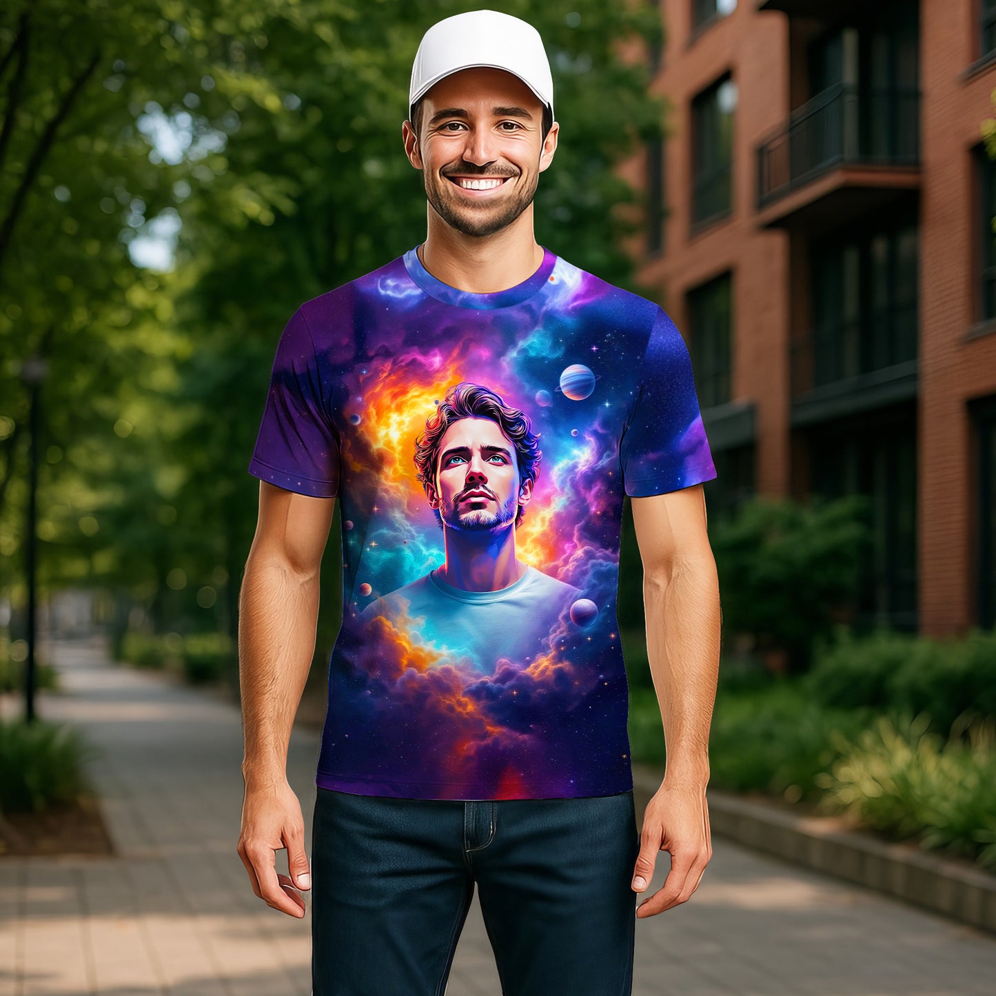 Custom Face Surreal Cosmic Art T-Shirt – Personalized Galaxy Universe Tee with Trippy Sci-Fi Design for Unique Gifts & Style