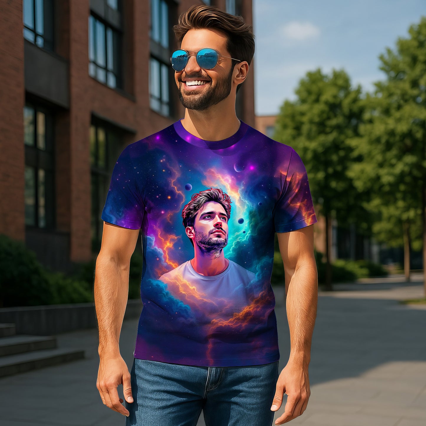 Custom Face Surreal Cosmic Art T-Shirt – Personalized Galaxy Universe Tee with Trippy Sci-Fi Design for Unique Gifts & Style