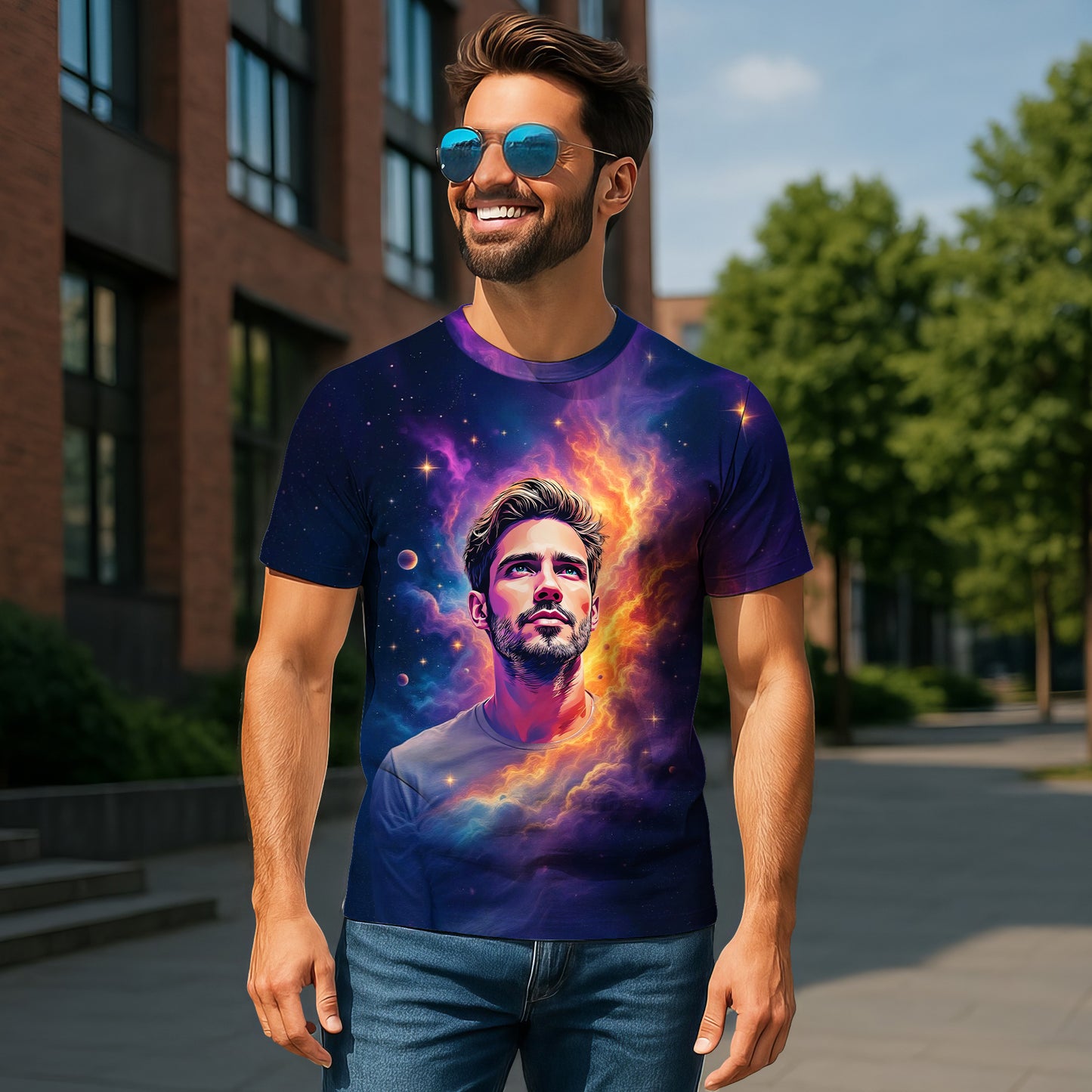 Custom Face Surreal Cosmic Art T-Shirt – Personalized Galaxy Universe Tee with Trippy Sci-Fi Design for Unique Gifts & Style