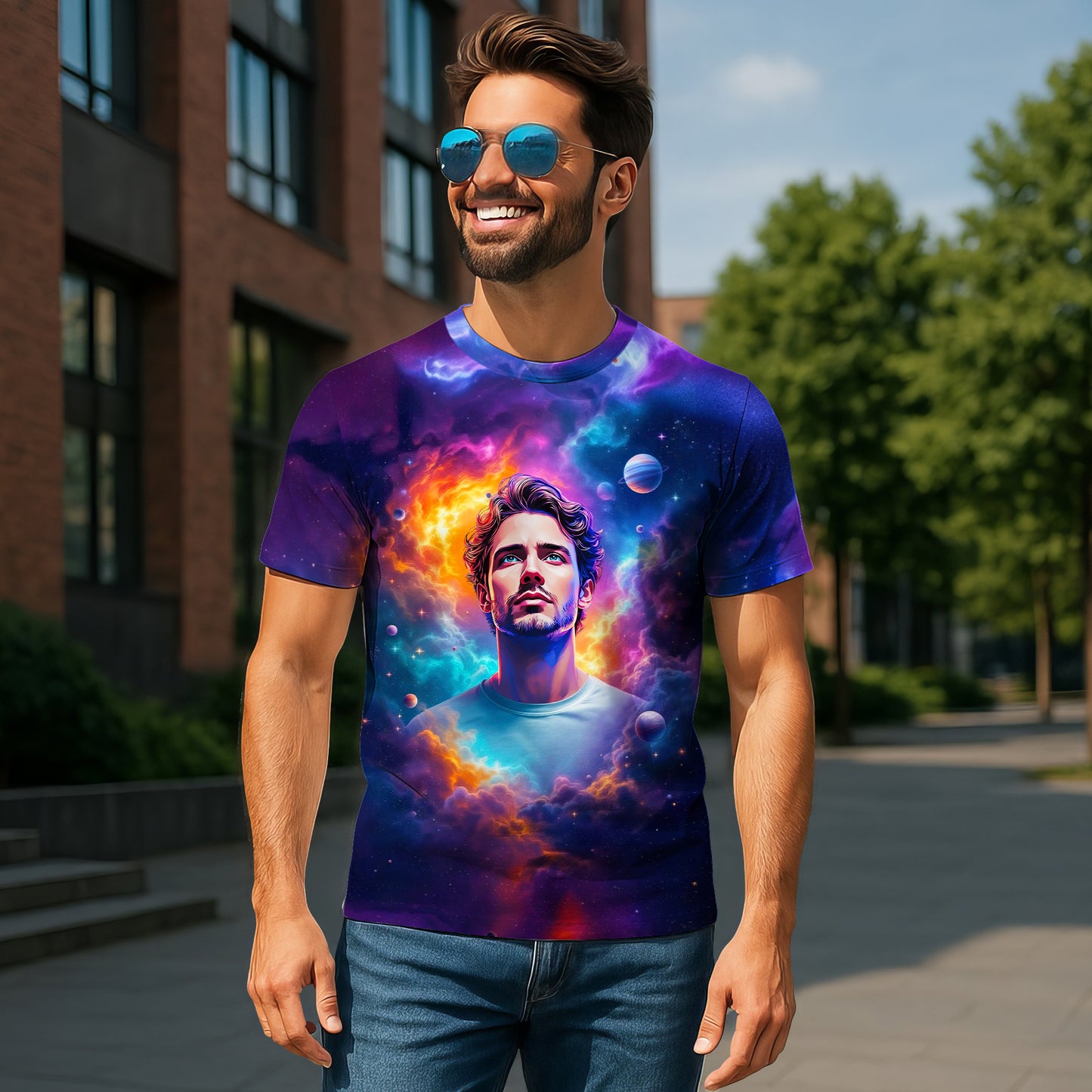 Custom Face Surreal Cosmic Art T-Shirt – Personalized Galaxy Universe Tee with Trippy Sci-Fi Design for Unique Gifts & Style