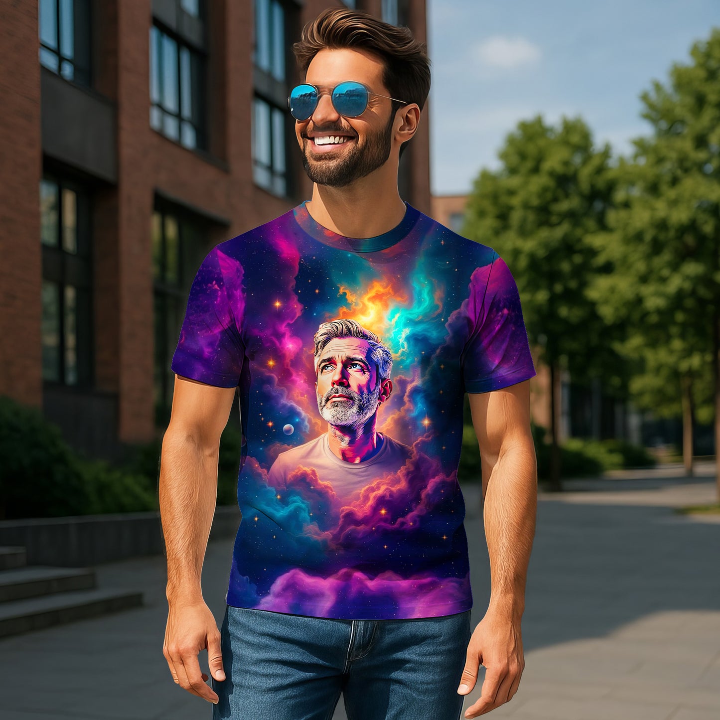 Custom Face Surreal Cosmic Art T-Shirt – Personalized Galaxy Universe Tee with Trippy Sci-Fi Design for Unique Gifts & Style