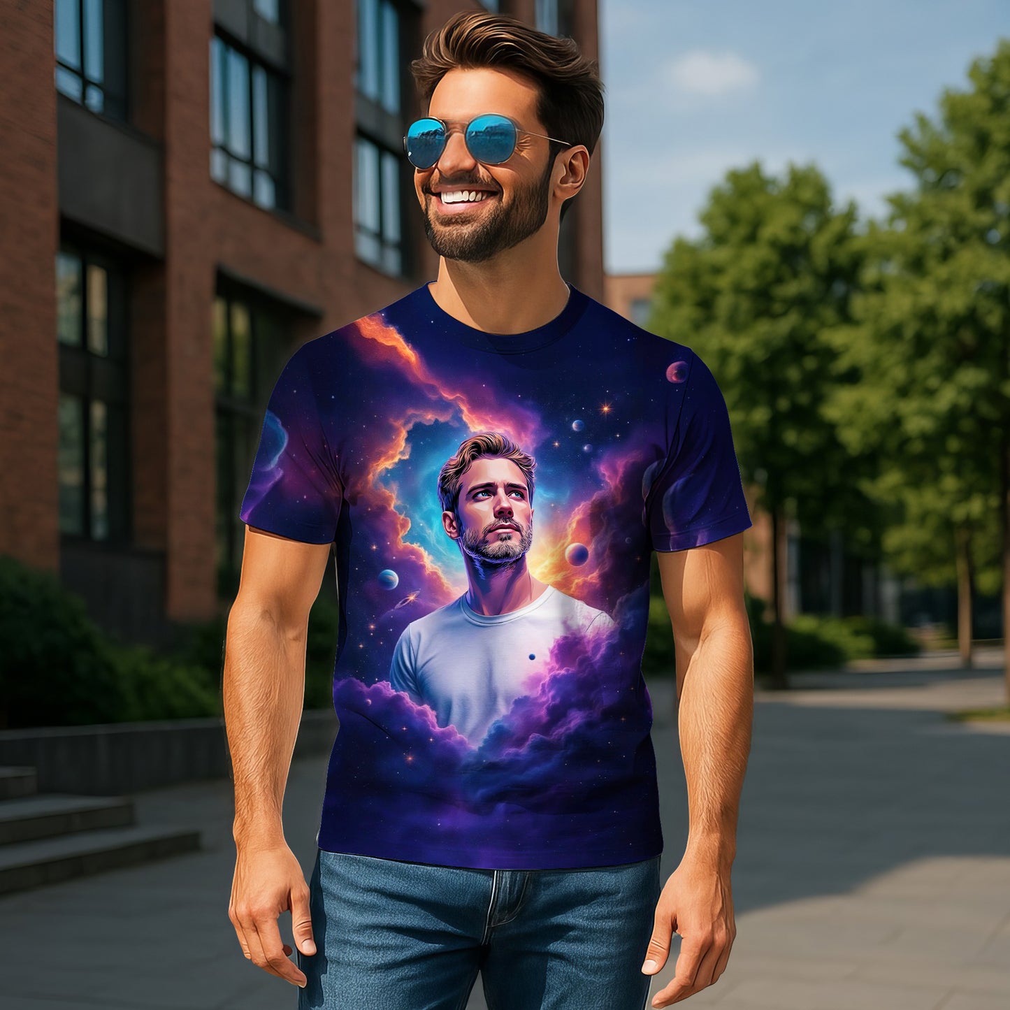 Custom Face Surreal Cosmic Art T-Shirt – Personalized Galaxy Universe Tee with Trippy Sci-Fi Design for Unique Gifts & Style