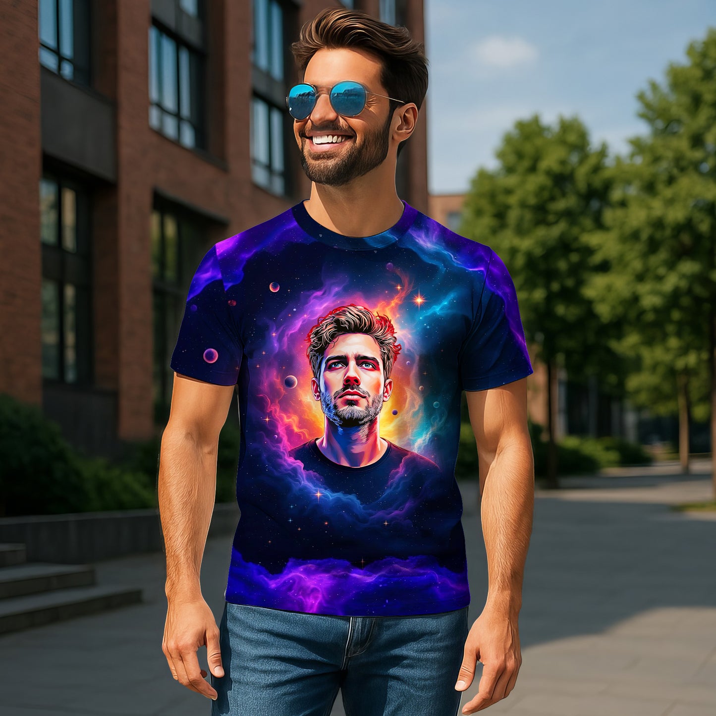 Custom Face Surreal Cosmic Art T-Shirt – Personalized Galaxy Universe Tee with Trippy Sci-Fi Design for Unique Gifts & Style