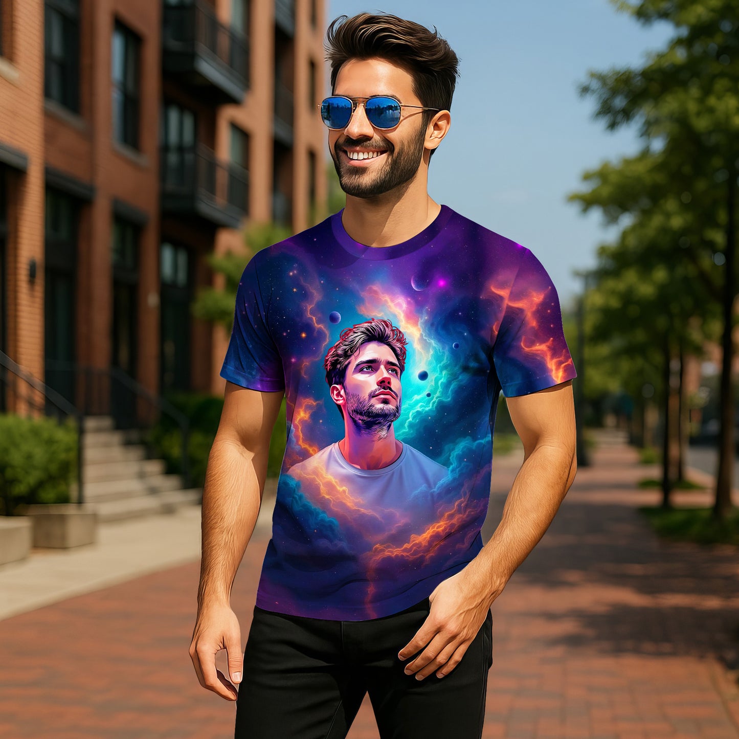 Custom Face Surreal Cosmic Art T-Shirt – Personalized Galaxy Universe Tee with Trippy Sci-Fi Design for Unique Gifts & Style