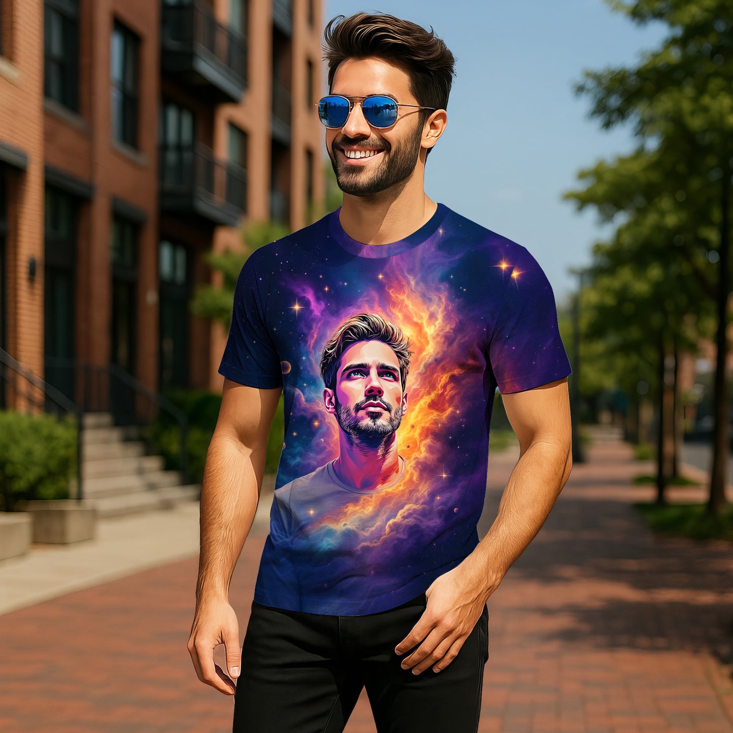 Custom Face Surreal Cosmic Art T-Shirt – Personalized Galaxy Universe Tee with Trippy Sci-Fi Design for Unique Gifts & Style