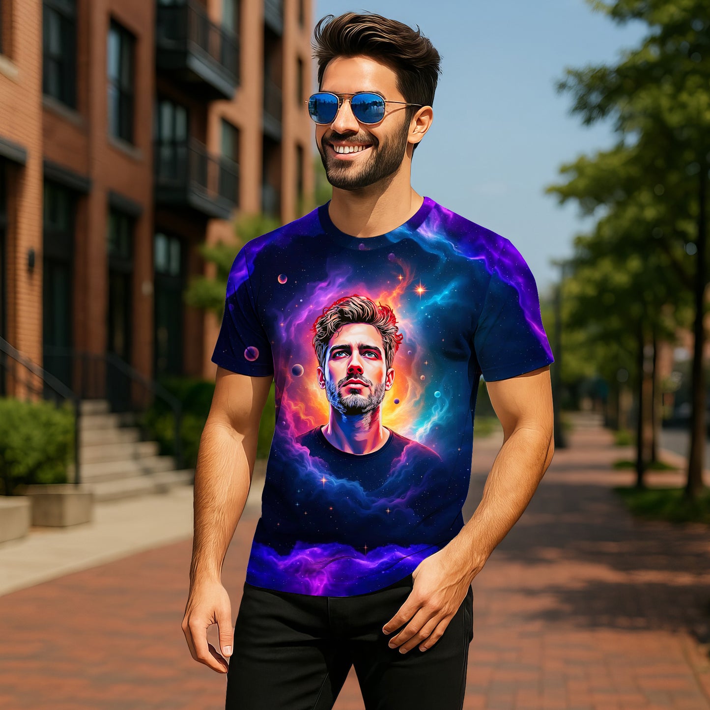 Custom Face Surreal Cosmic Art T-Shirt – Personalized Galaxy Universe Tee with Trippy Sci-Fi Design for Unique Gifts & Style