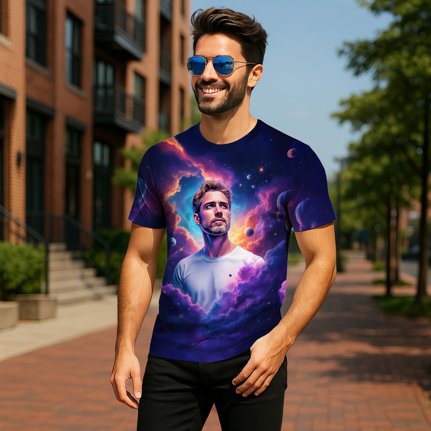 Custom Face Surreal Cosmic Art T-Shirt – Personalized Galaxy Universe Tee with Trippy Sci-Fi Design for Unique Gifts & Style
