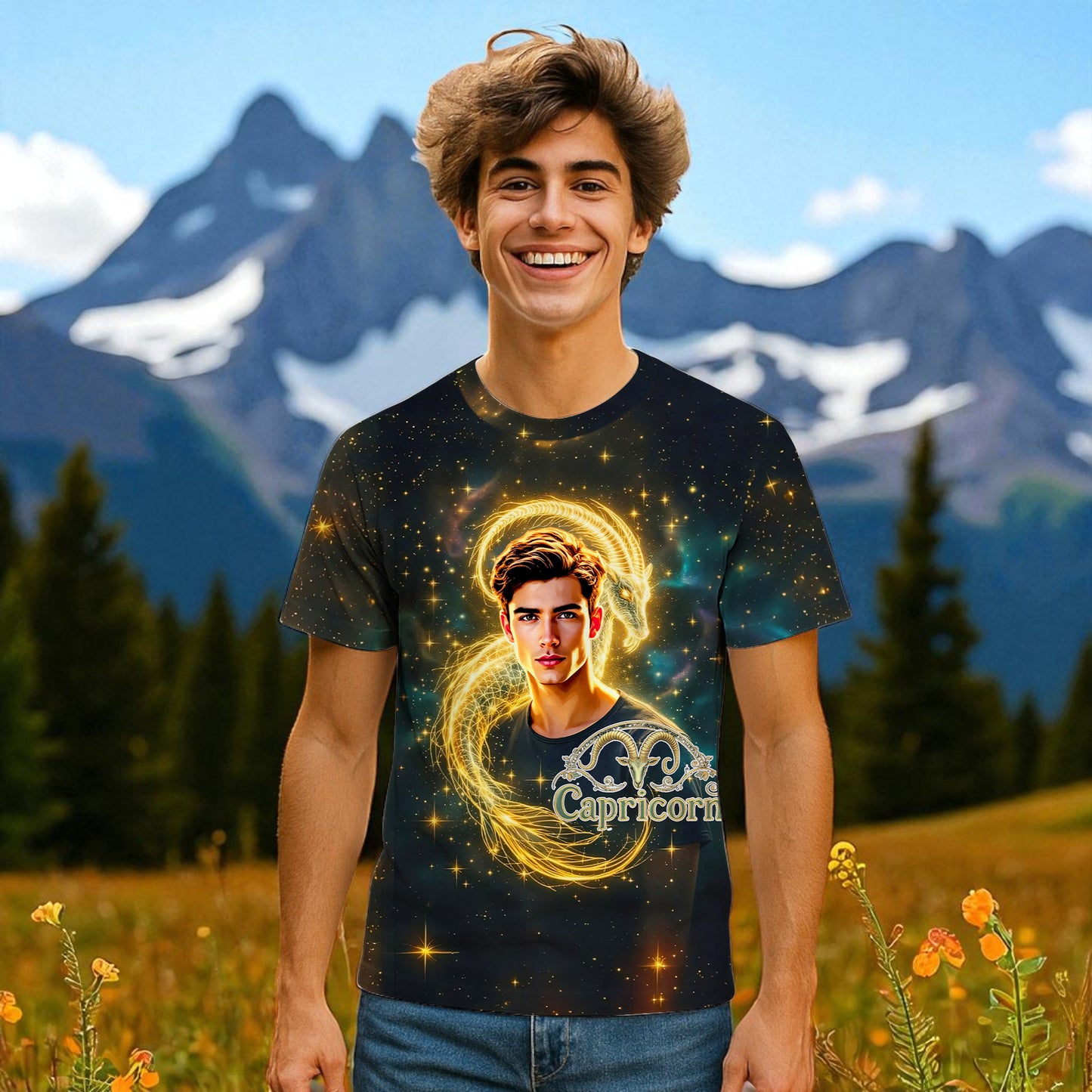 Custom Zodiac Shirt - Surreal Cosmic Art Tee with Your Face | Capricorn | Personalized Horoscope Gift