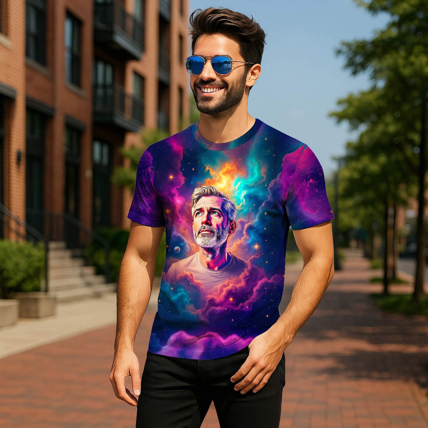 Custom Face Surreal Cosmic Art T-Shirt – Personalized Galaxy Universe Tee with Trippy Sci-Fi Design for Unique Gifts & Style