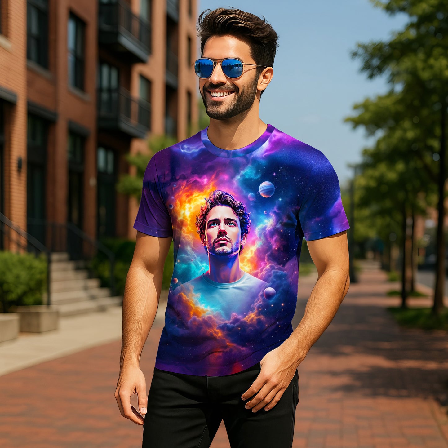 Custom Face Surreal Cosmic Art T-Shirt – Personalized Galaxy Universe Tee with Trippy Sci-Fi Design for Unique Gifts & Style