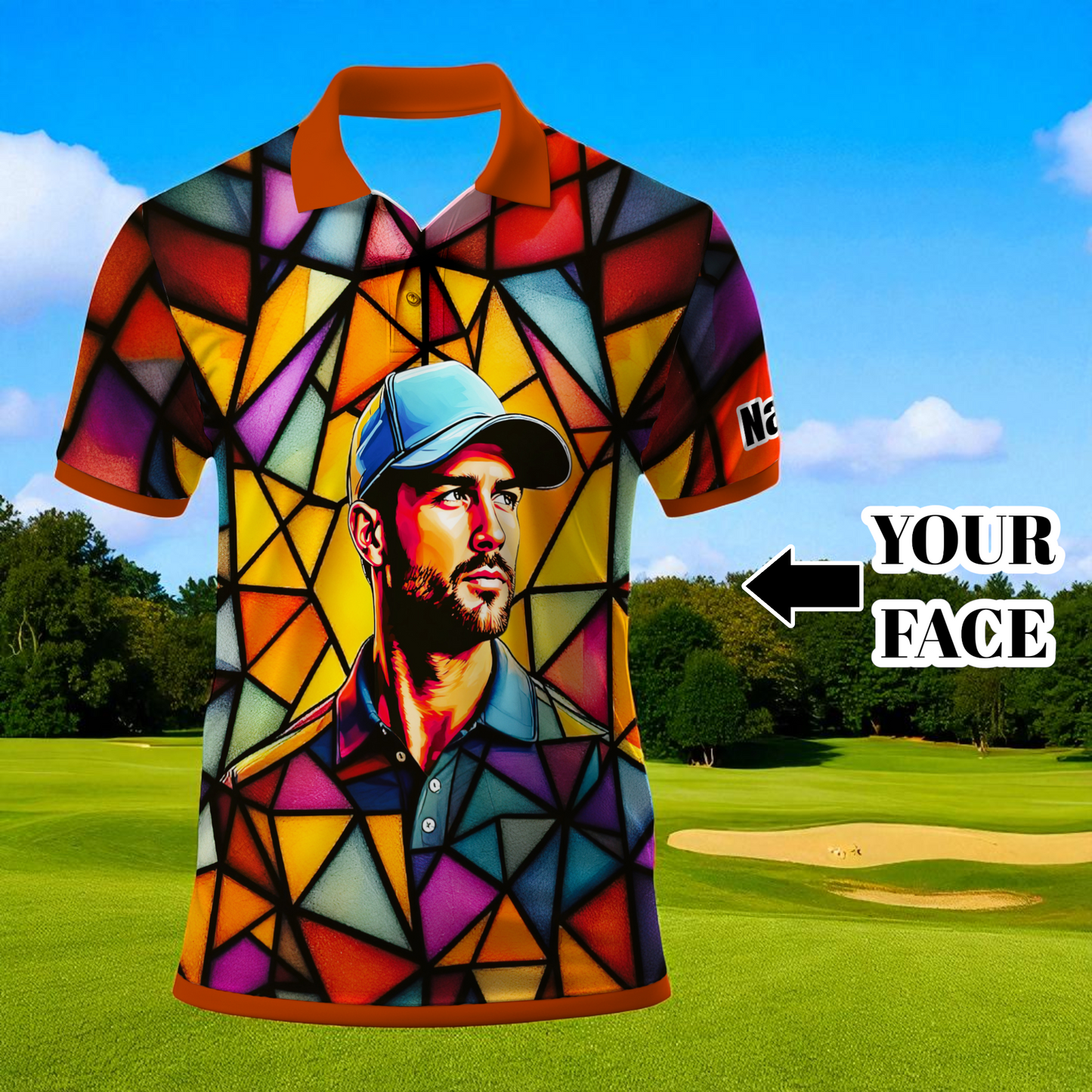 HomyGifts Men's Customized Face Artistic Golf Polo Shirt, Angular Geometric Glass Pattern, Stained-Glass Mosaic Print, Personalized Sublimation Golf Shirt, Vibrant Geometric Portrait Tee