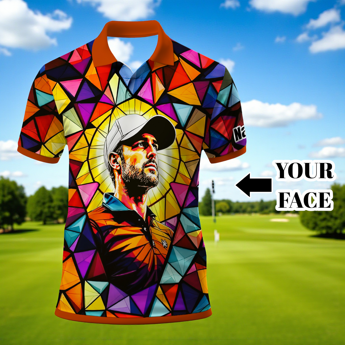 HomyGifts Men's Customized Face Artistic Golf Polo Shirt, Angular Geometric Glass Pattern, Stained-Glass Mosaic Print, Personalized Sublimation Golf Shirt, Vibrant Geometric Portrait Tee