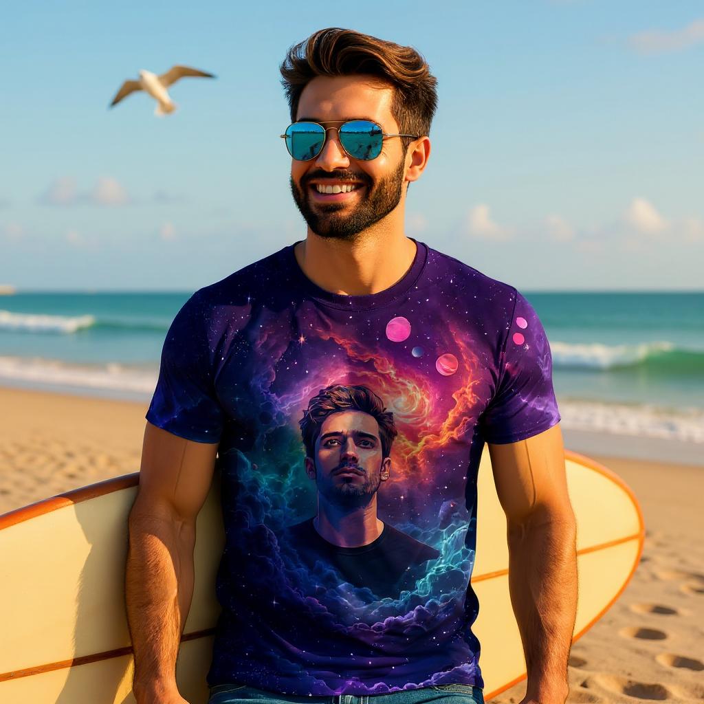 Custom Face Surreal Cosmic Art T-Shirt – Personalized Galaxy Universe Tee with Trippy Sci-Fi Design for Unique Gifts & Style