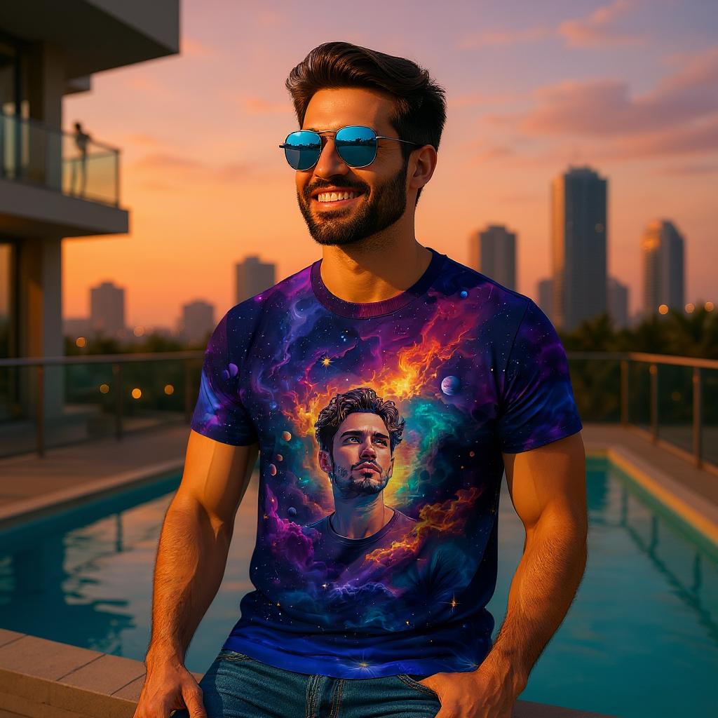 Custom Face Surreal Cosmic Art T-Shirt – Personalized Galaxy Universe Tee with Trippy Sci-Fi Design for Unique Gifts & Style