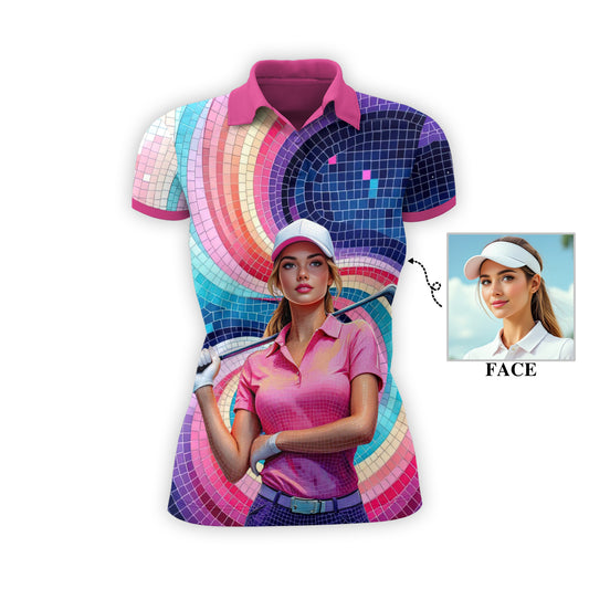 Custom Face Artistic Golf Polo Shirt for Women - Mosaic Design Style 1