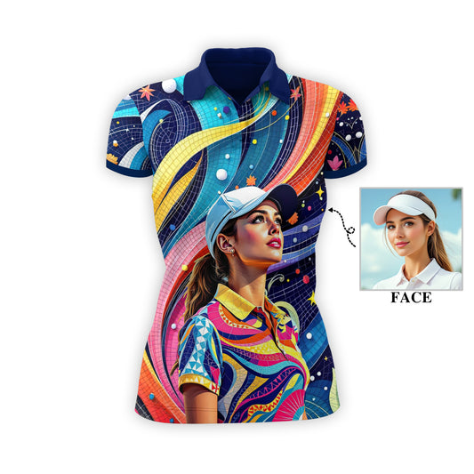Custom Face Artistic Golf Polo Shirt for Women - Mosaic Design Style 16